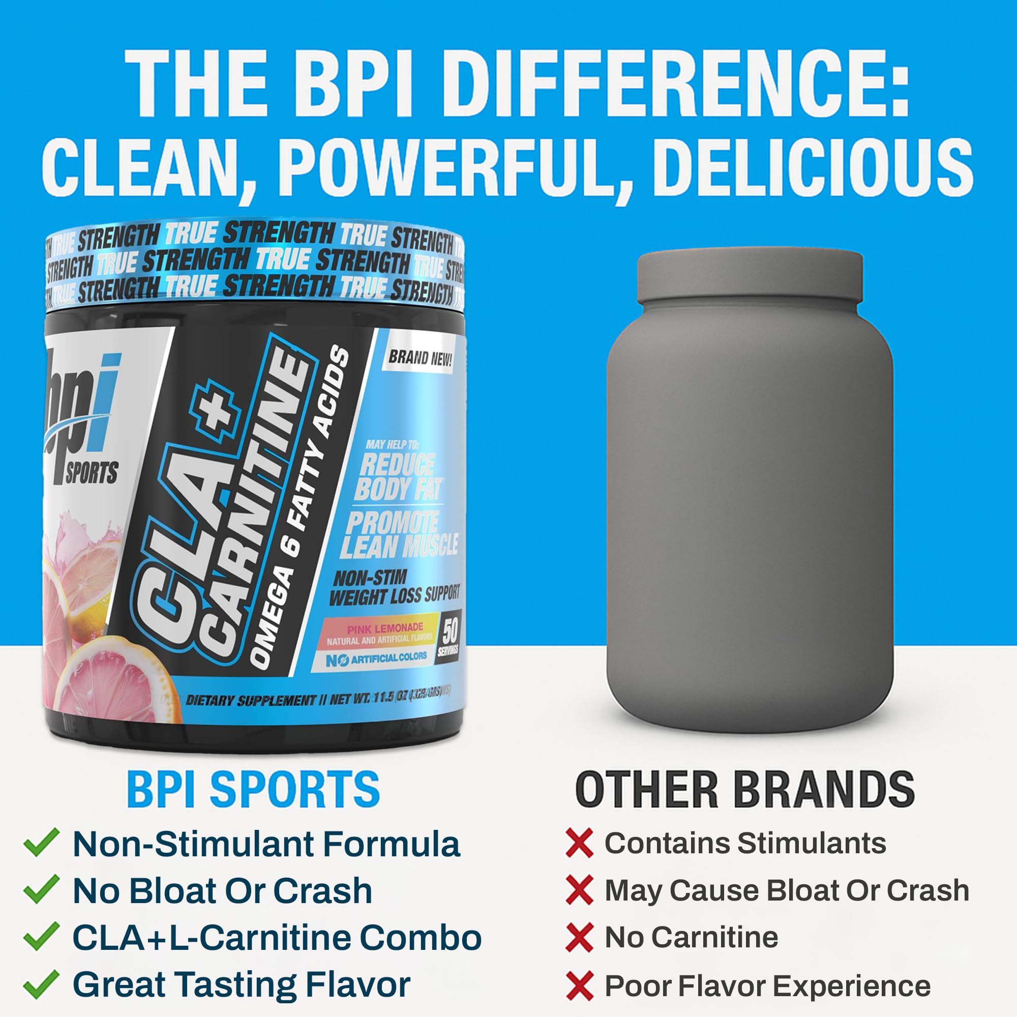Serving-size label on the BPI CLA+Carnitine bottle communicates clear dosing for daily use.