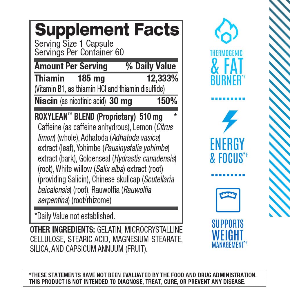 Roxylean side-label listing ingredients and daily use guidance