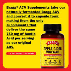 Bragg ACV capsules bottle back label with ingredients and certifications.