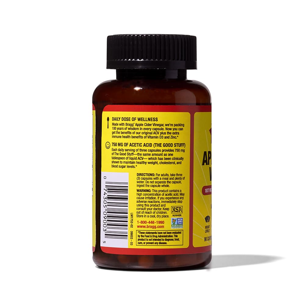 Bragg ACV capsules bottle on a shelf in clean packaging.