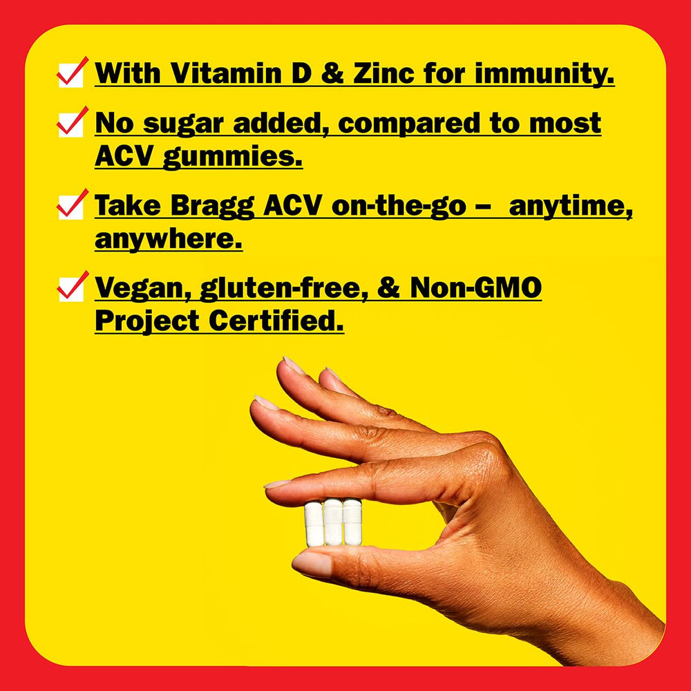 Bragg ACV capsules closeup on label highlights the blend.
