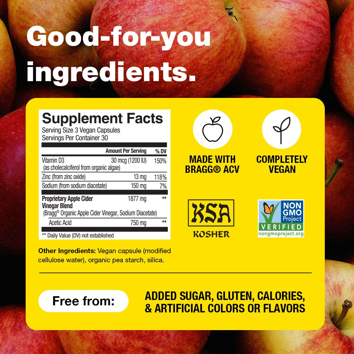 Bragg ACV capsules label detail highlights sugar-free formulation.