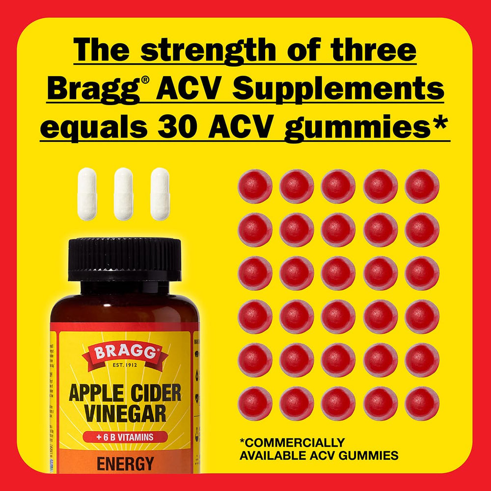 Bragg Energy ACV bottle and capsules showing serving size.
