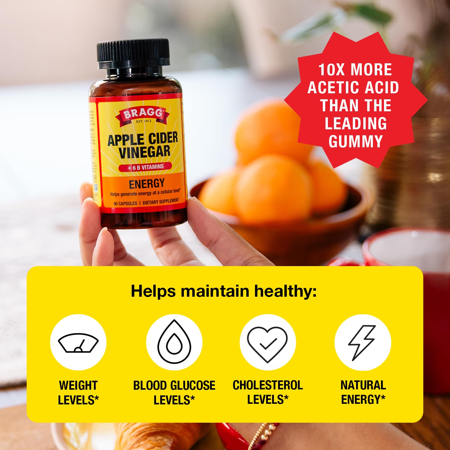 Bragg Energy ACV capsules label highlights B12 and ingredients.