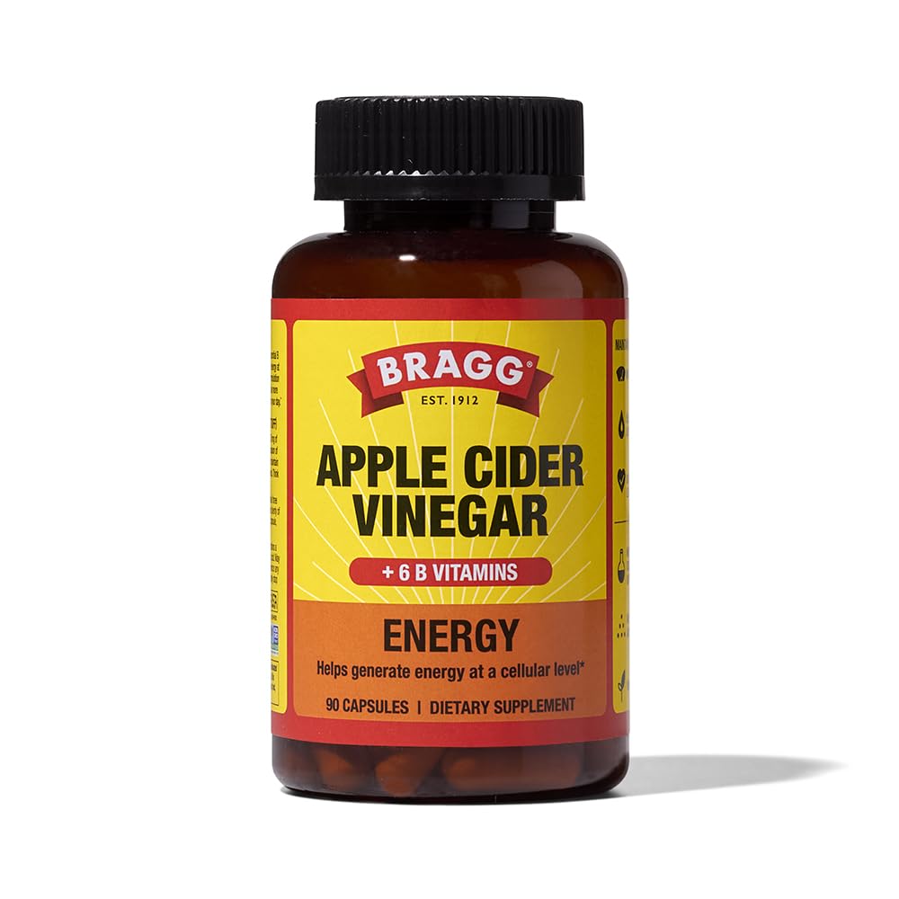 Bragg Energy ACV capsules bottle label, convenient daily vitality support.
