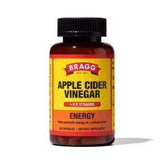 Bragg Energy ACV capsules bottle label, convenient daily vitality support.
