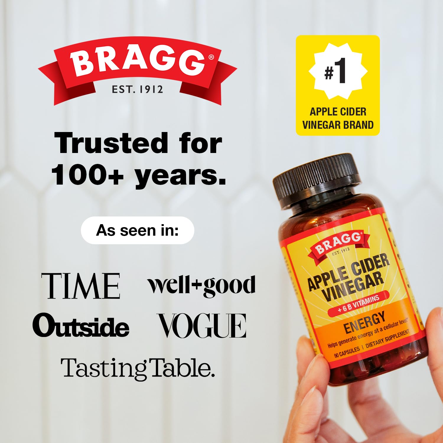 Bragg Energy ACV capsules bottle side view.