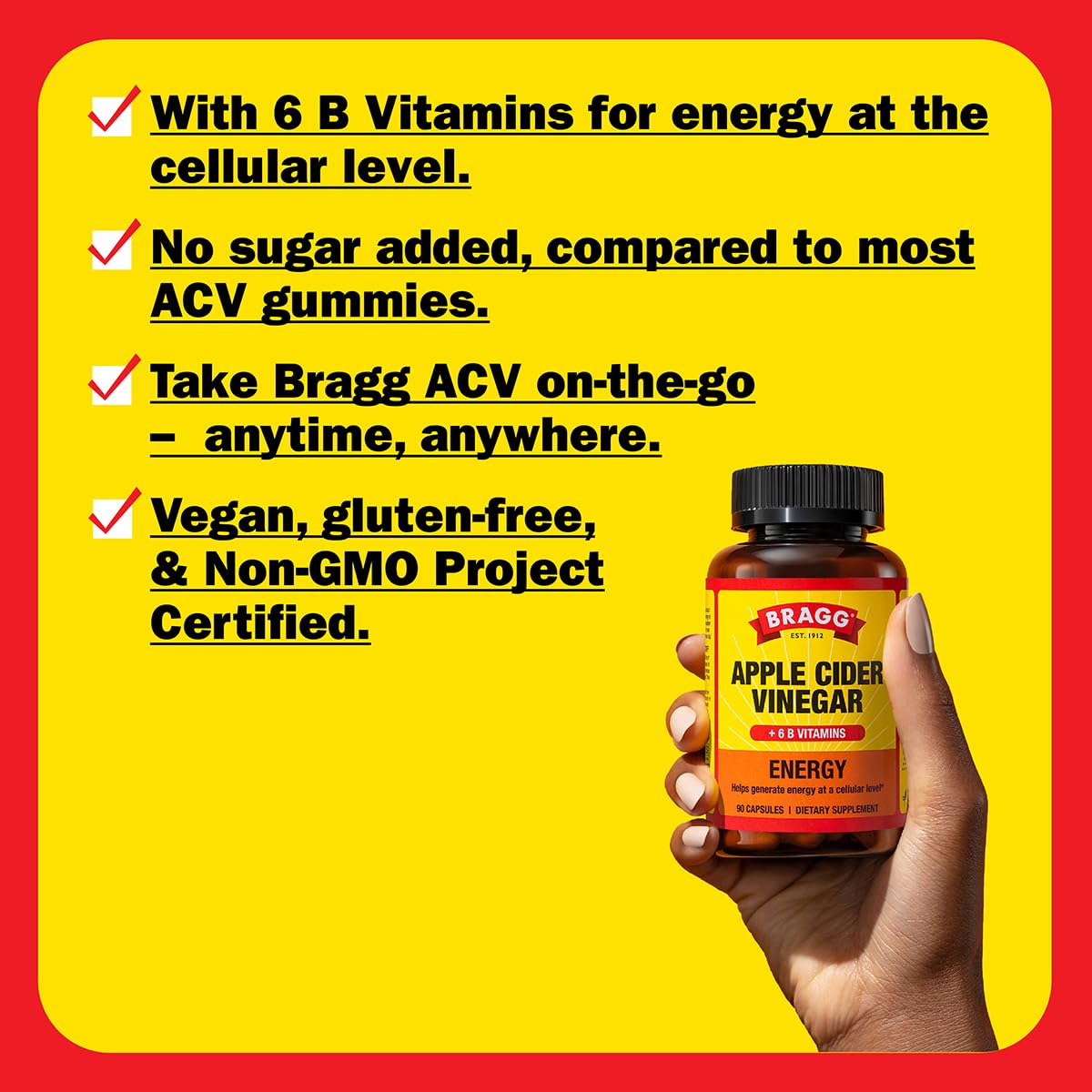 Bragg Energy ACV label closeup shows ingredients and certifications.
