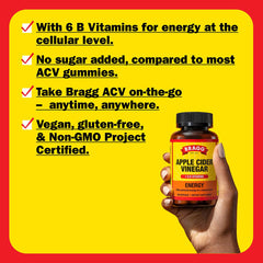 Bragg Energy ACV label closeup shows ingredients and certifications.