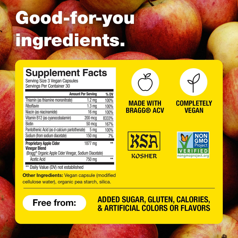 Bragg ACV capsules with no sugar added claim on label.