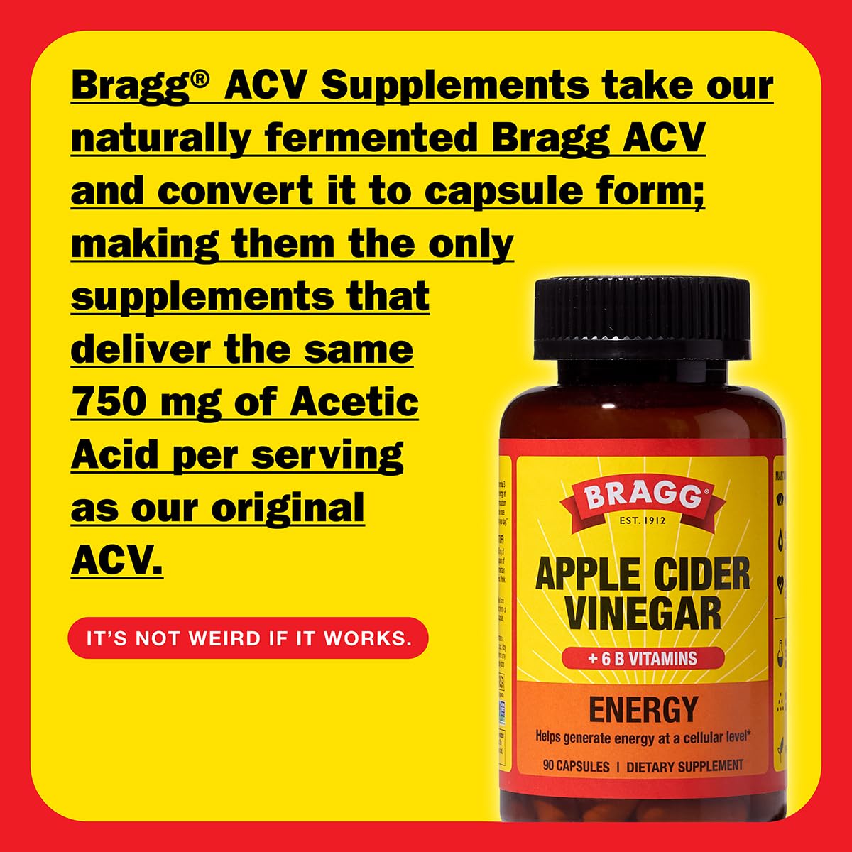 Bragg Energy ACV capsules on kitchen counter for easy daily use.