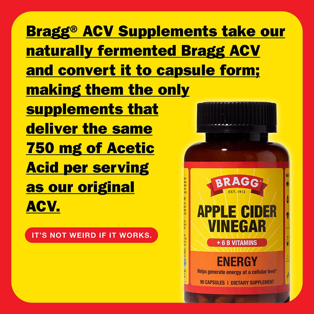 Bragg Energy ACV capsules 2-pack packaging highlights convenience and value.