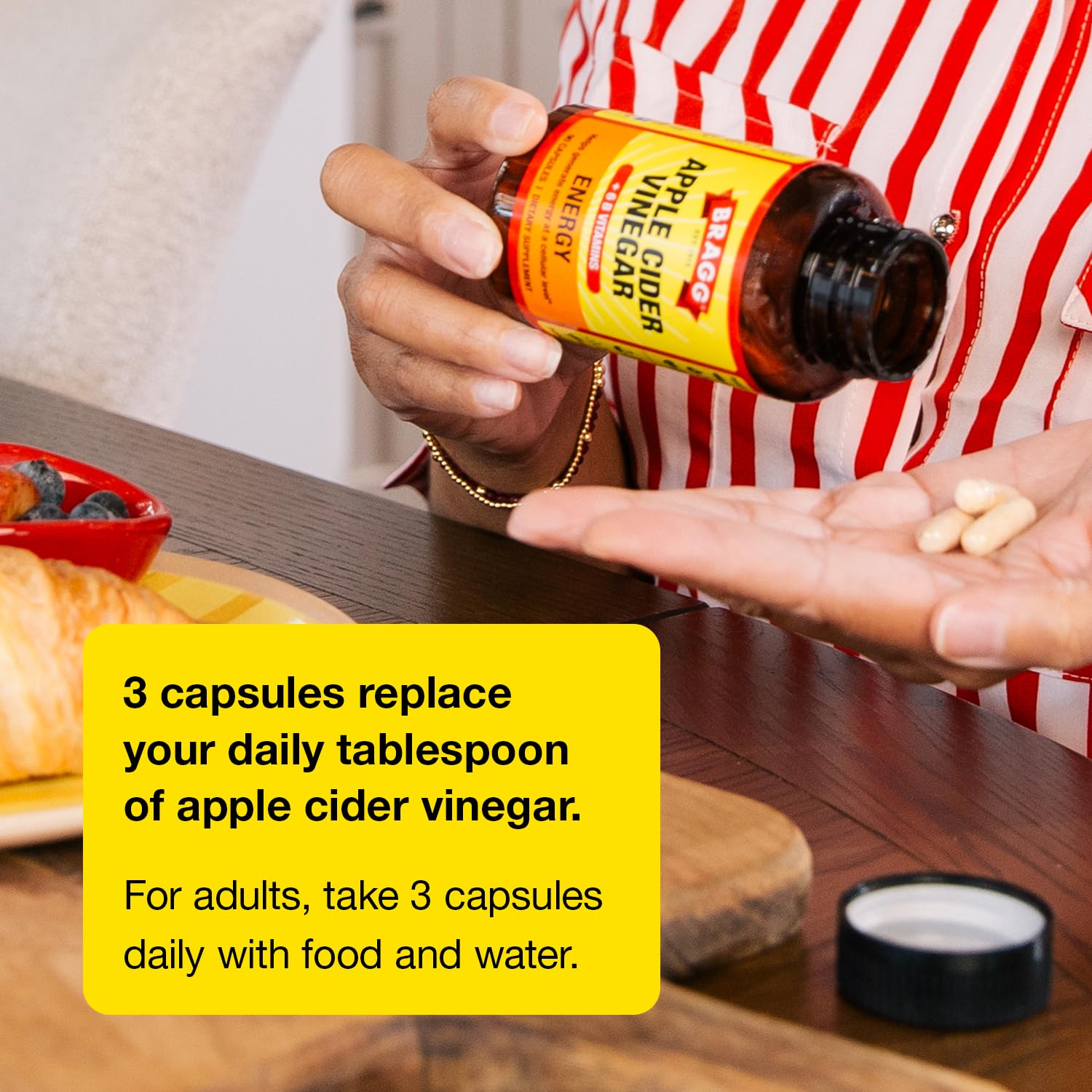 Bragg Energy ACV capsules vegan, kosher, gluten-free badge.