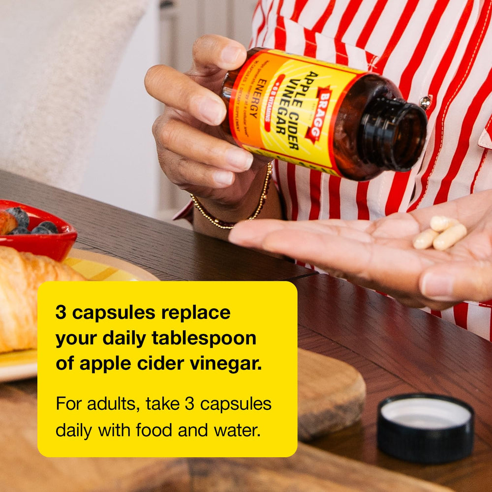 Bragg Energy ACV capsules vegan, kosher, gluten-free badge.