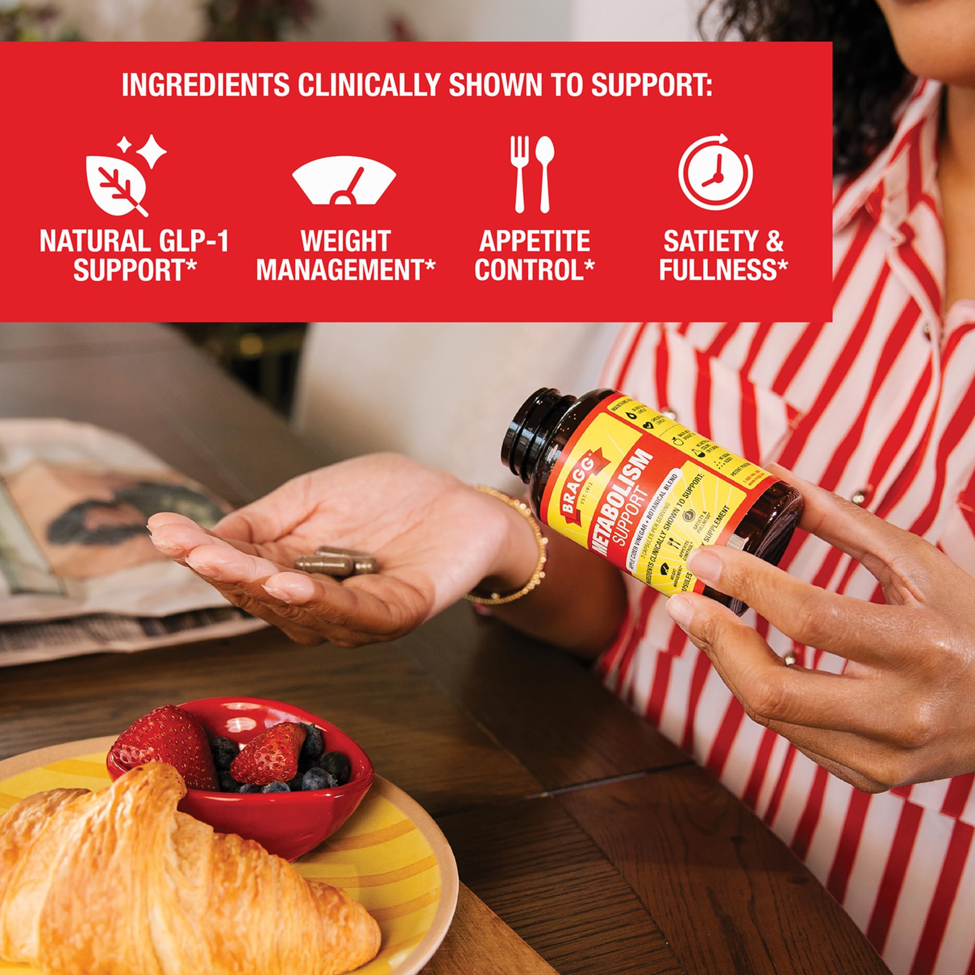 Bragg Metabolism Support capsules being poured for daily intake.