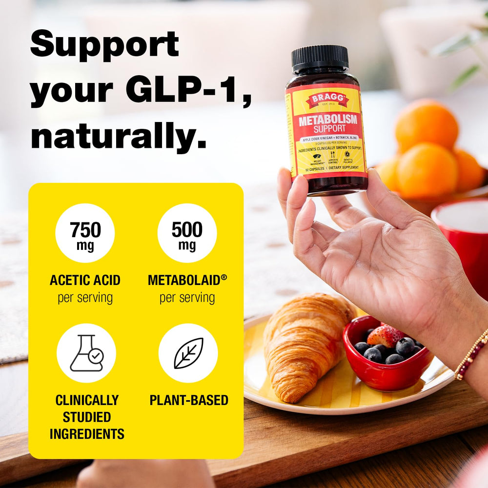 Bragg Metabolism Support label close-up highlighting apple cider vinegar content.