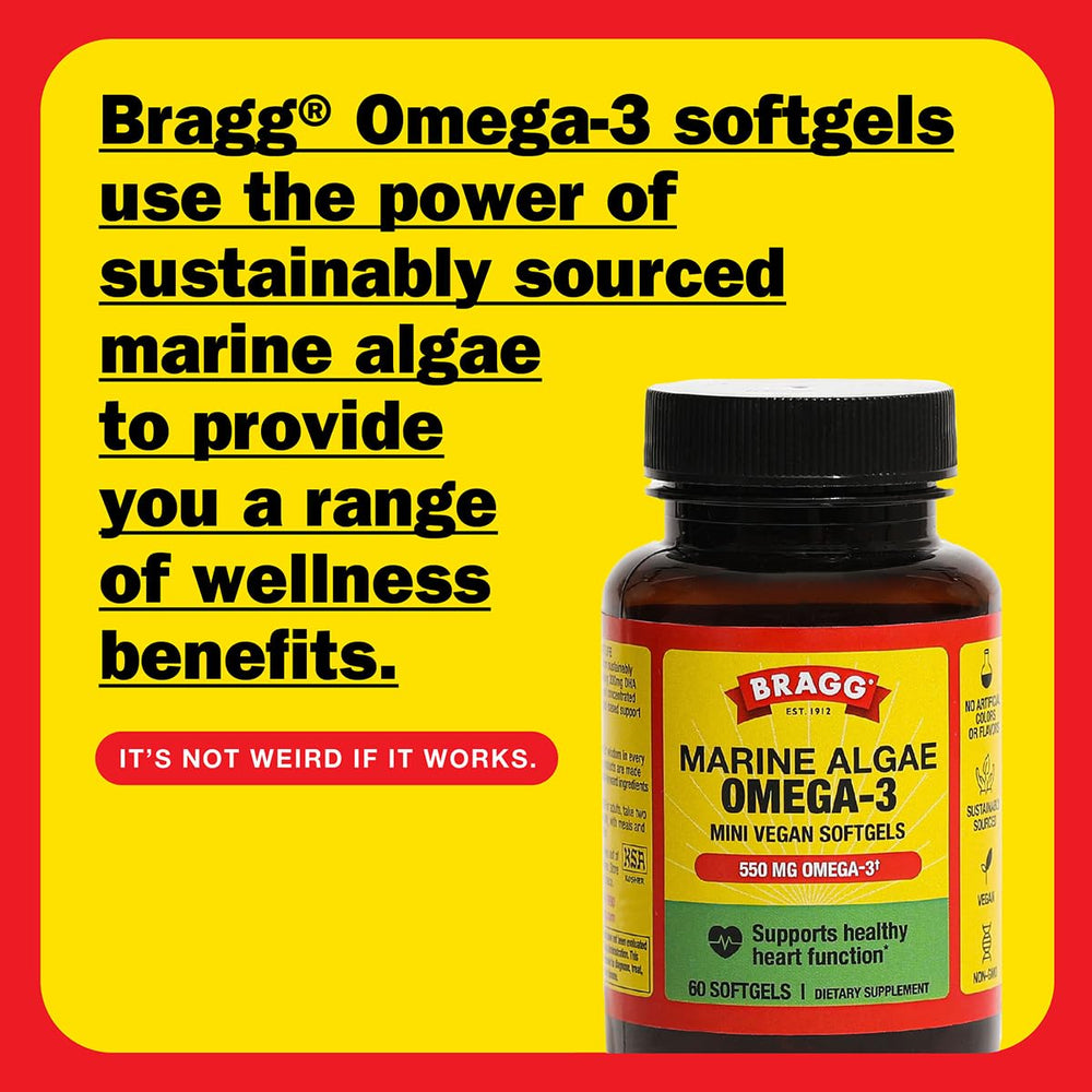 Bragg Omega-3 DHA EPA softgels close up with vegan formula.