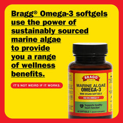 Bragg Omega-3 DHA EPA softgels close up with vegan formula.