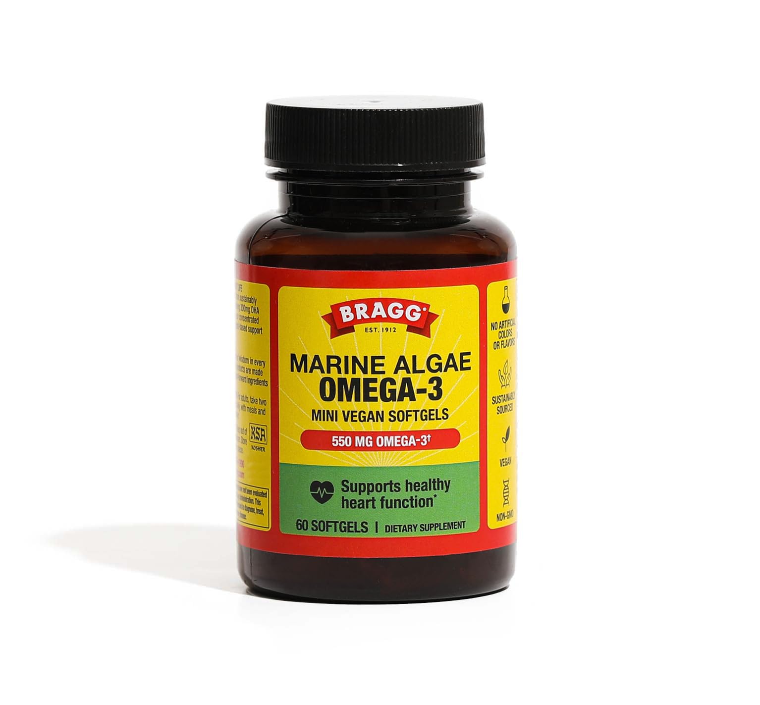 Bragg Omega-3 softgels bottle showing brain and eye wellness potential.