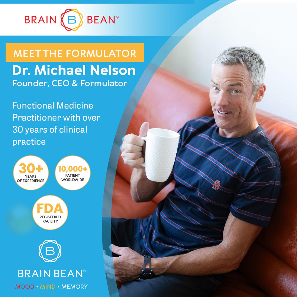 Brain Bean Brain Basics packaging and info card; clear dosage for daily use