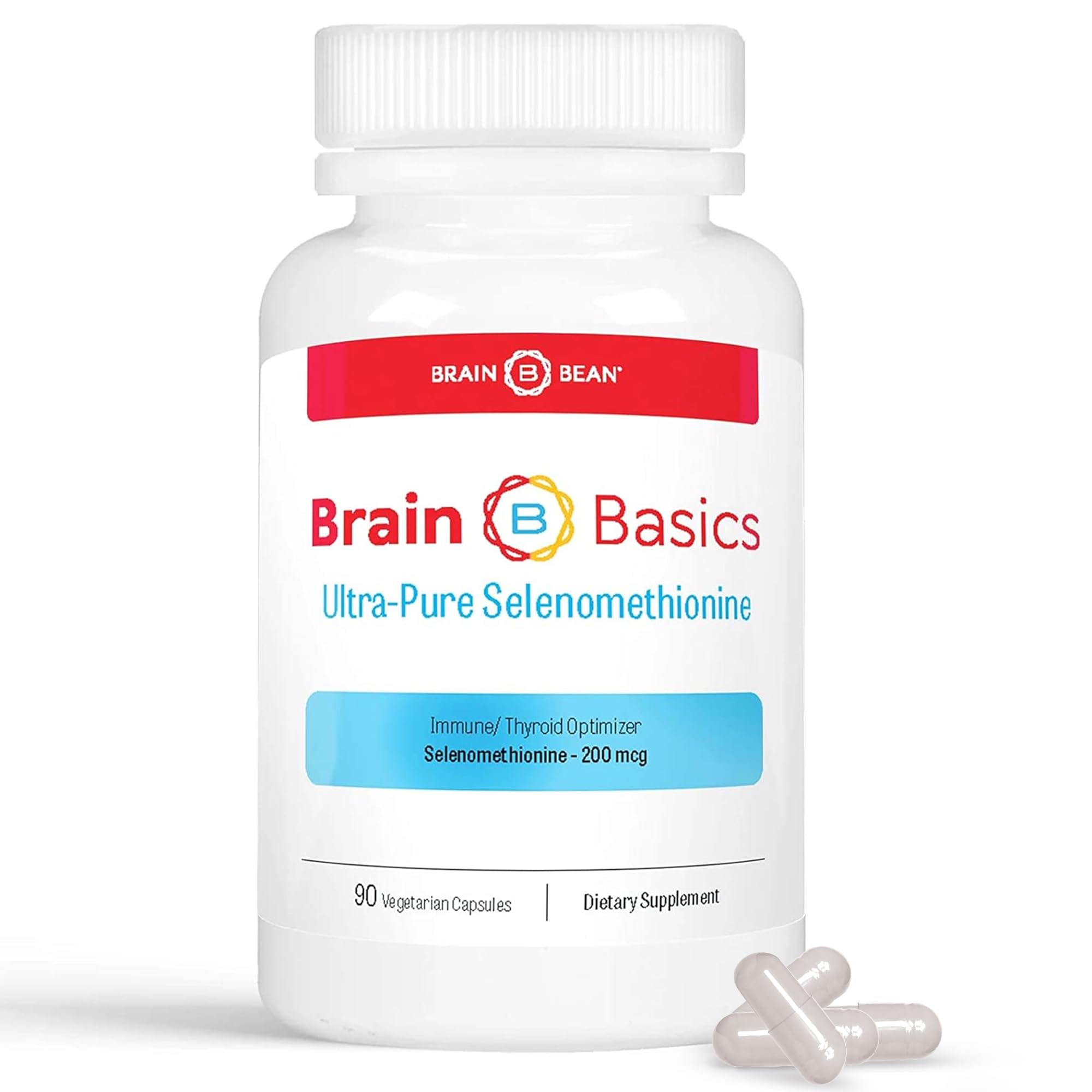 Brain Bean Brain Basics Selenomethionine bottle on shelf; daily selenium support
