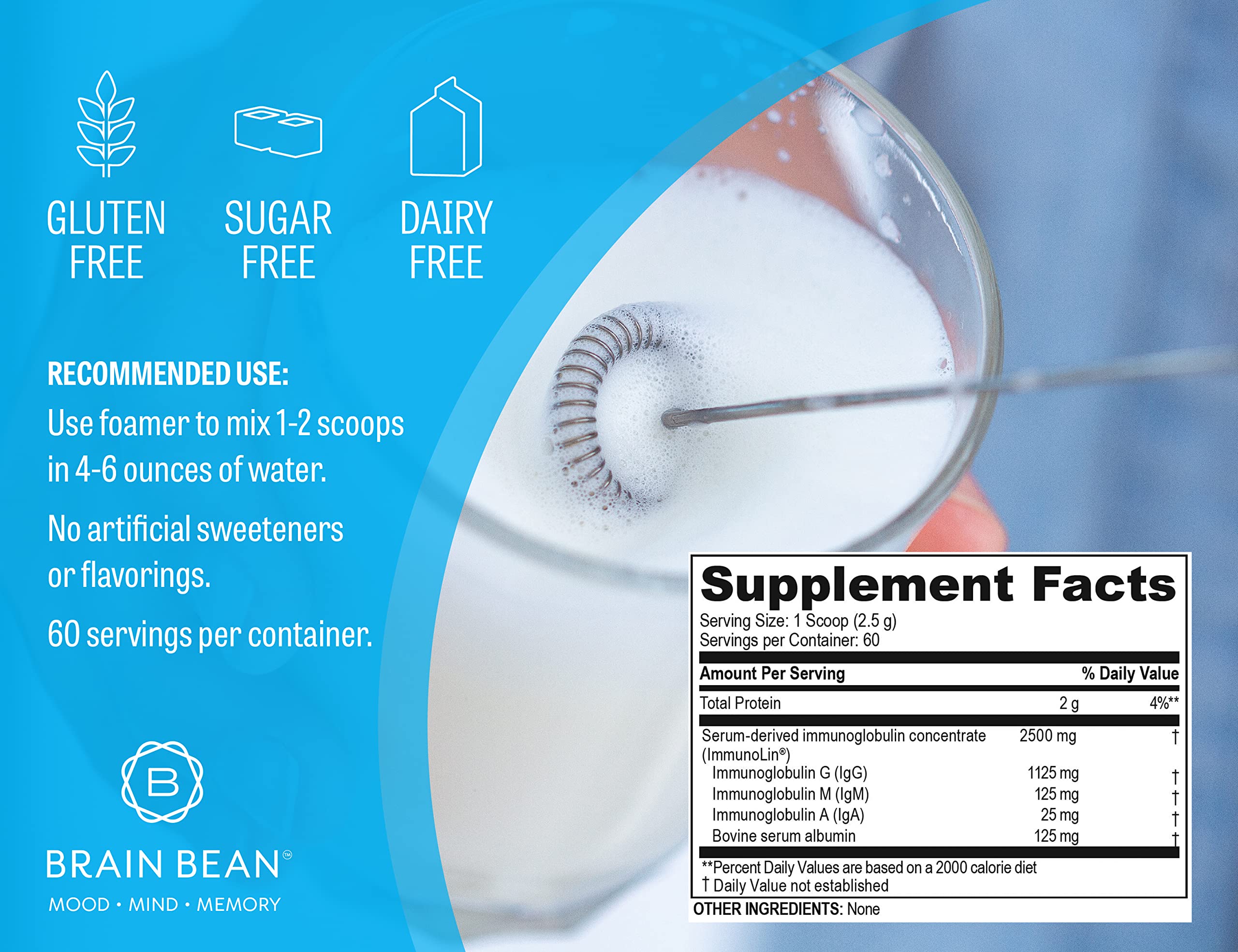 Brain Bean Ultra Pure IgG nutrition label highlights ingredients clearly.
