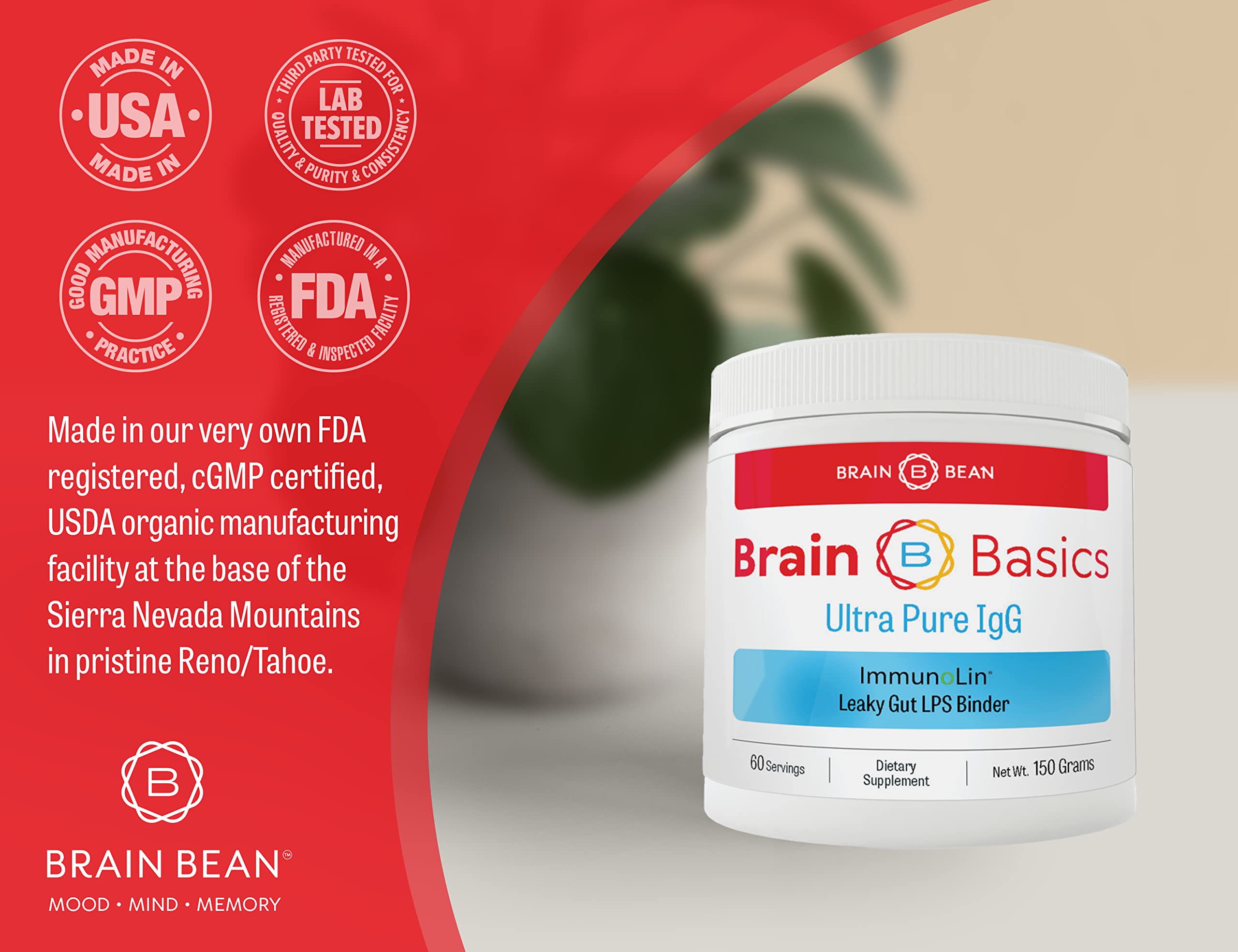 Brain Bean packaging featuring Made in USA badge and mountain backdrop.