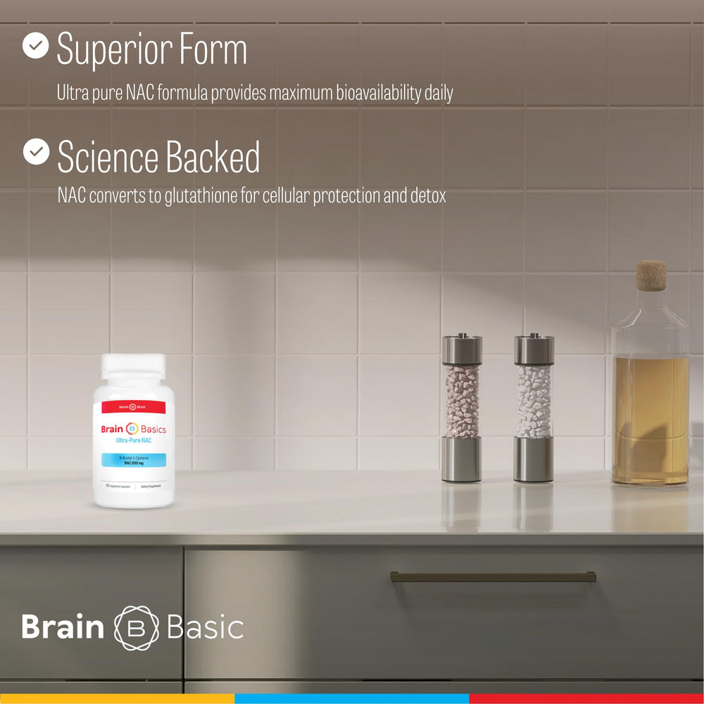 Brain Bean Ultra NAC bottle on counter in a simple daily routine.