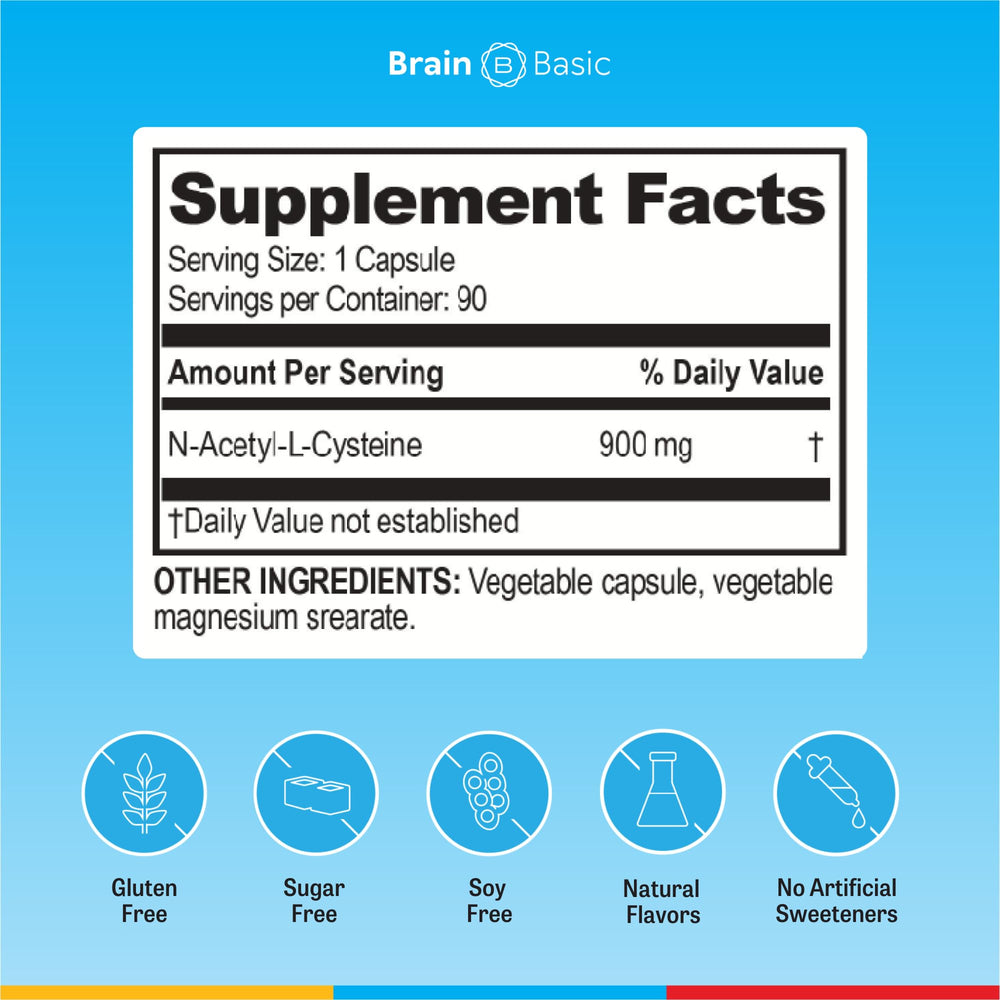 Brain Bean Ultra NAC gluten-free, dairy-free, nut-free icon on label.