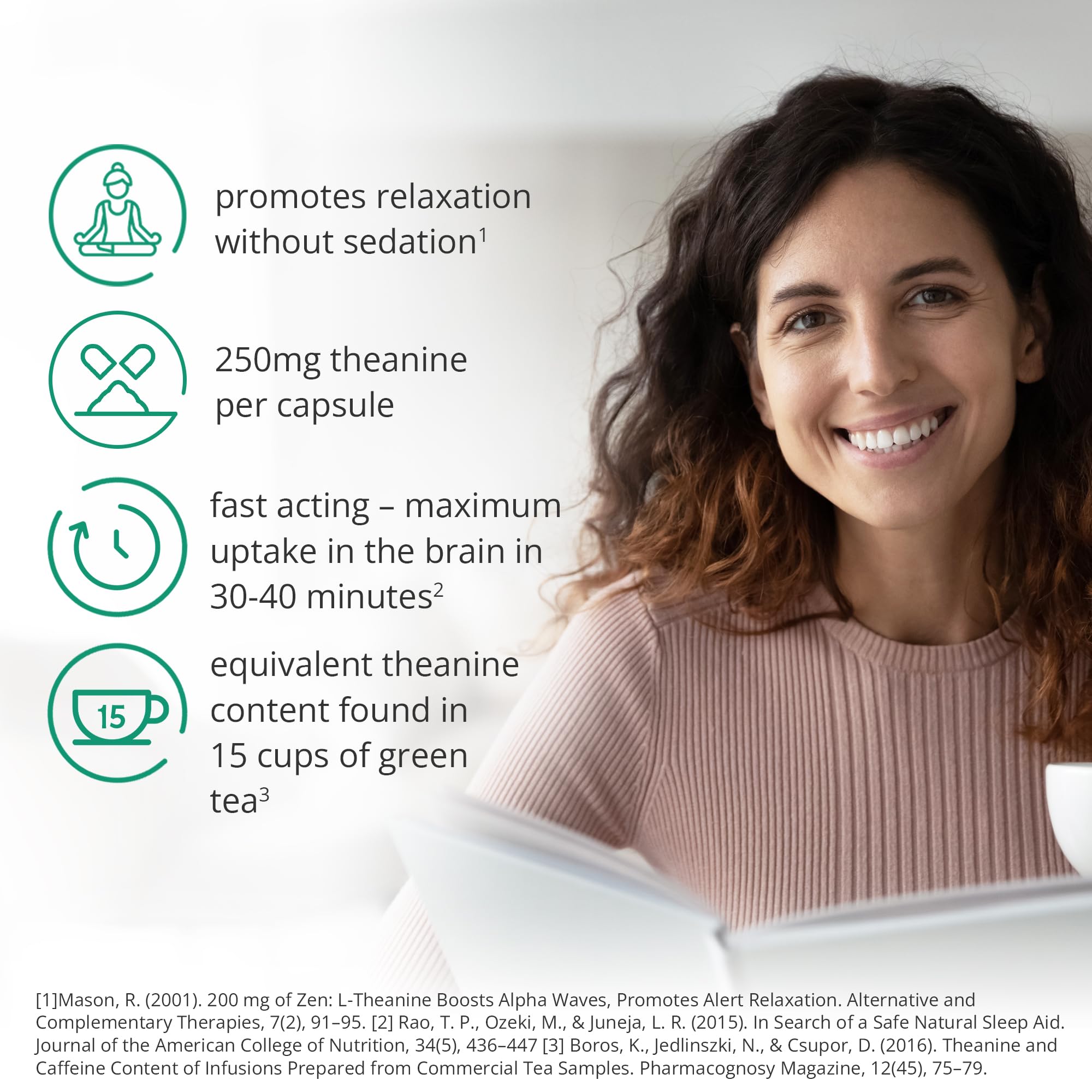 Brain Feed Pure L-Theanine capsules closeup highlighting 250 mg per serving.