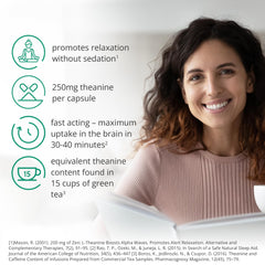 Brain Feed Pure L-Theanine capsules closeup highlighting 250 mg per serving.