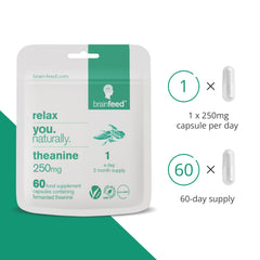Brain Feed Pure L-Theanine label front shows vegan and lab-tested quality.