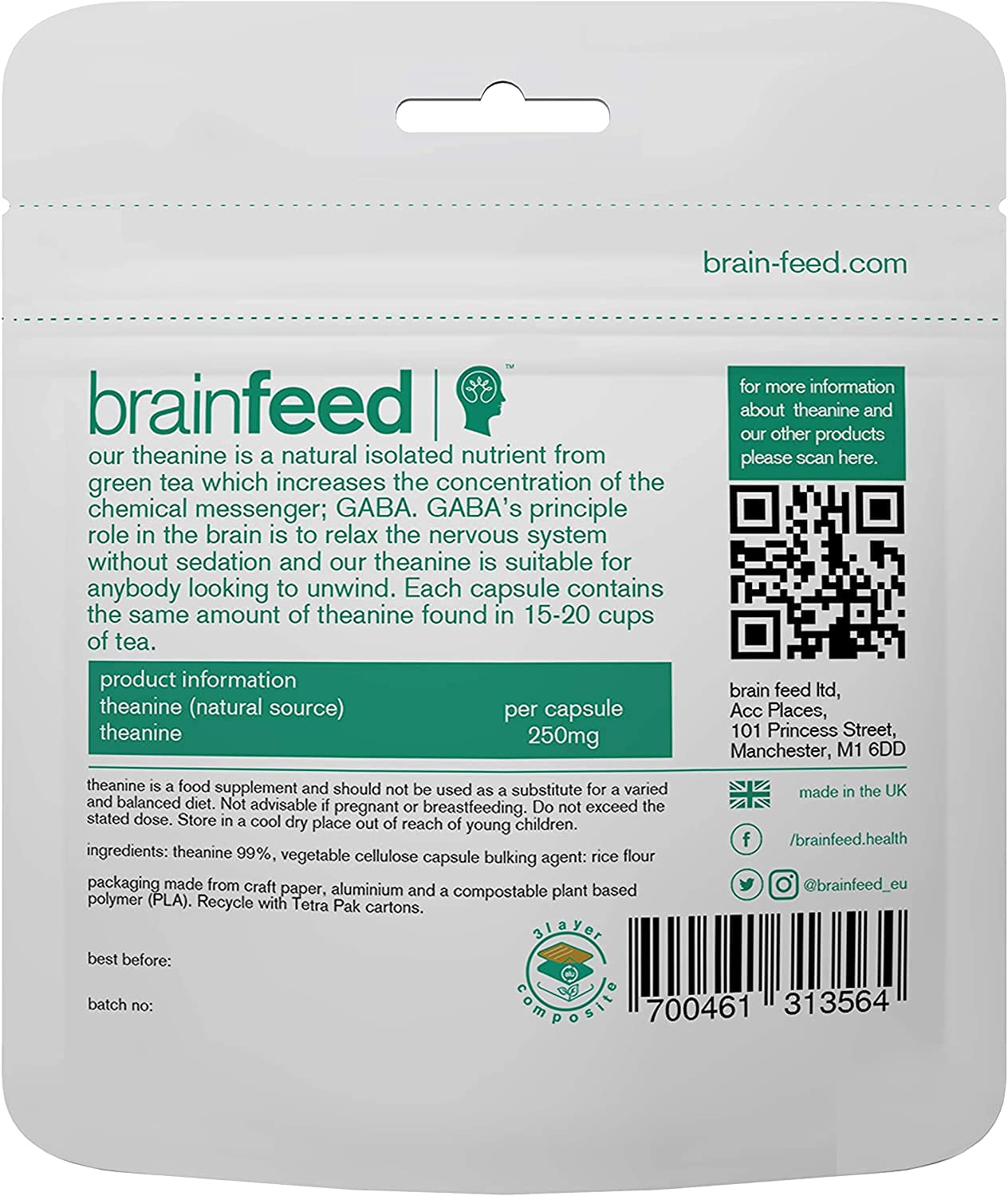 Brain Feed Pure L-Theanine packaging displayed for easy daily use.