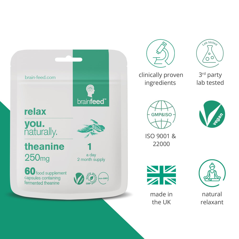 Brain Feed Pure L-Theanine bottle with green tea backdrop for daily calm.
