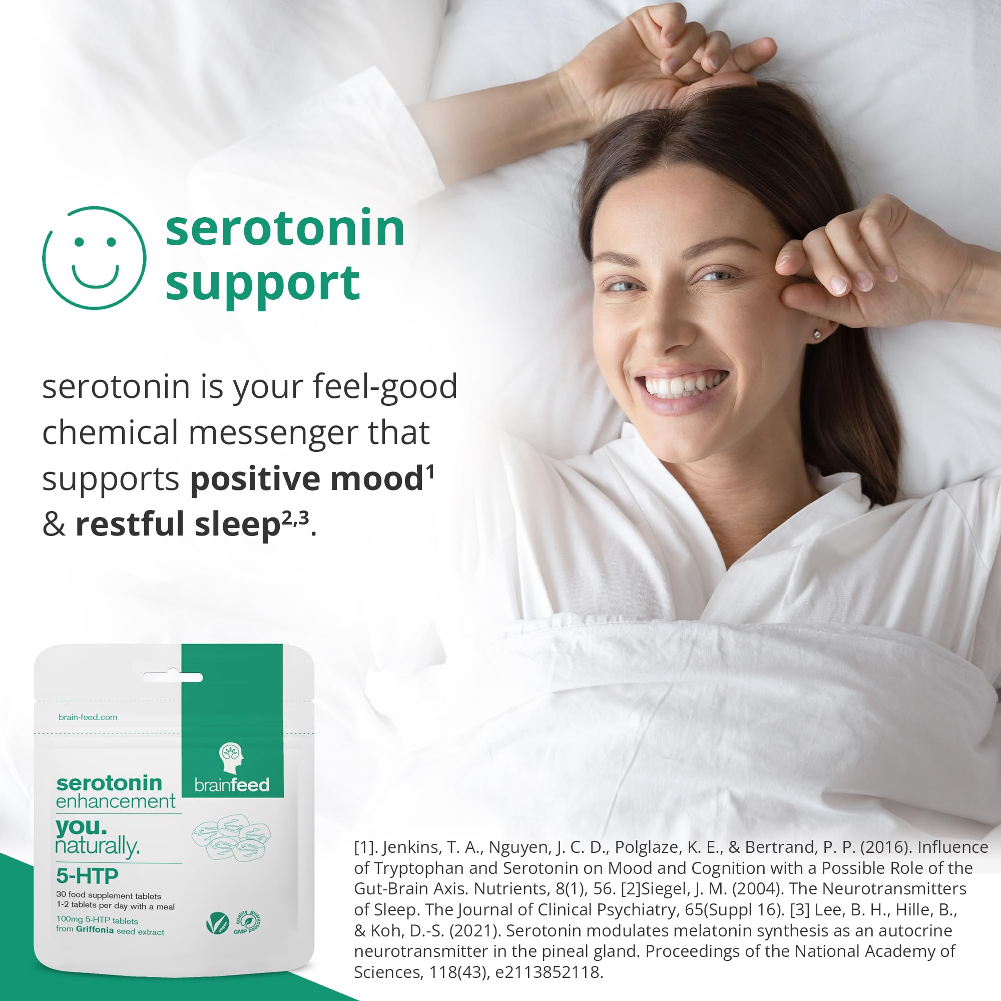 Brain Feed serotonin capsules in a blister pack, easy to swallow.
