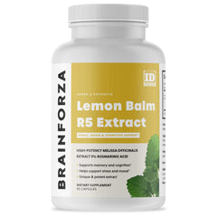 Brain Forza Lemon Balm R5 capsules in bottle for daily calm focus.