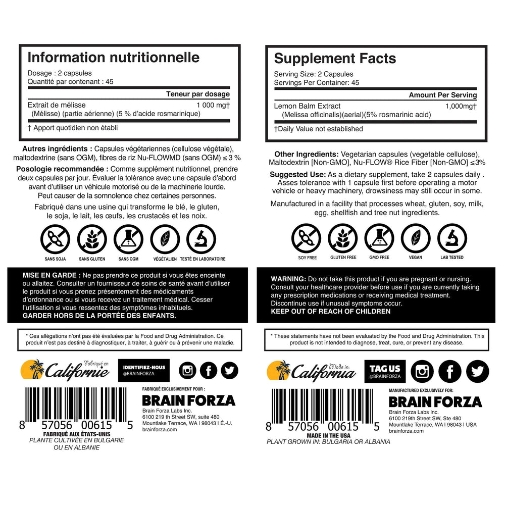Vegan and non-GMO icons on Brain Forza packaging.