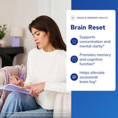 Brain Reset bottle details label shows premium brain health support for daily focus.