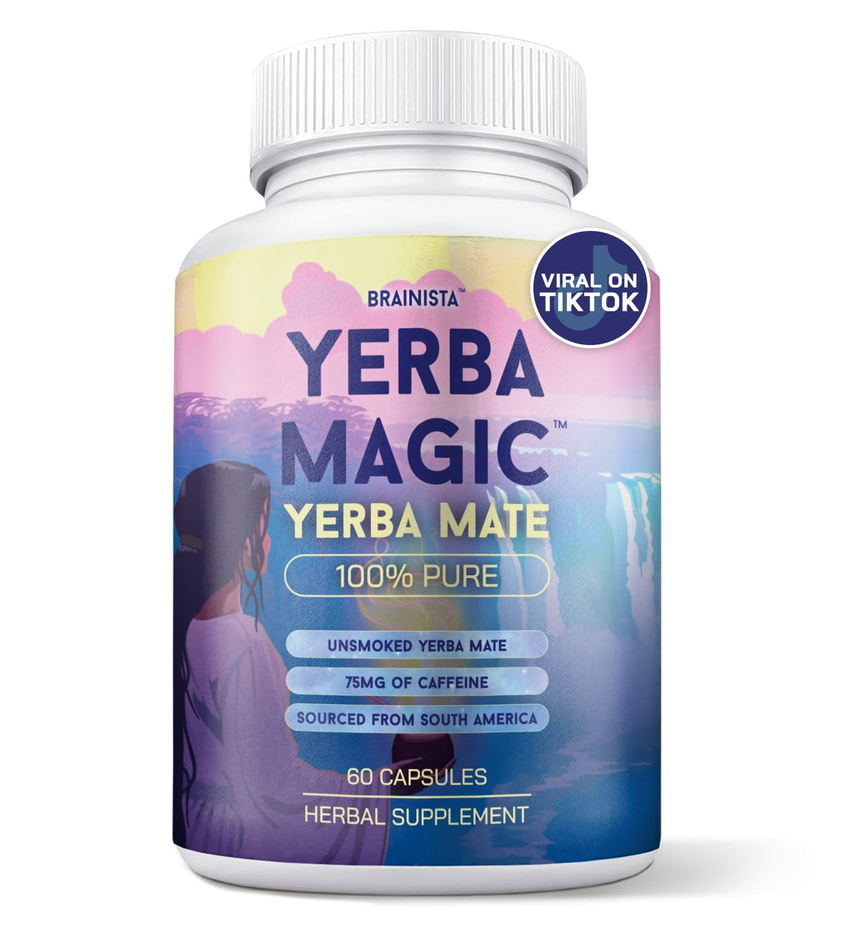 Brainista Yerba Magic capsules bottle front highlighting clean energy potential.