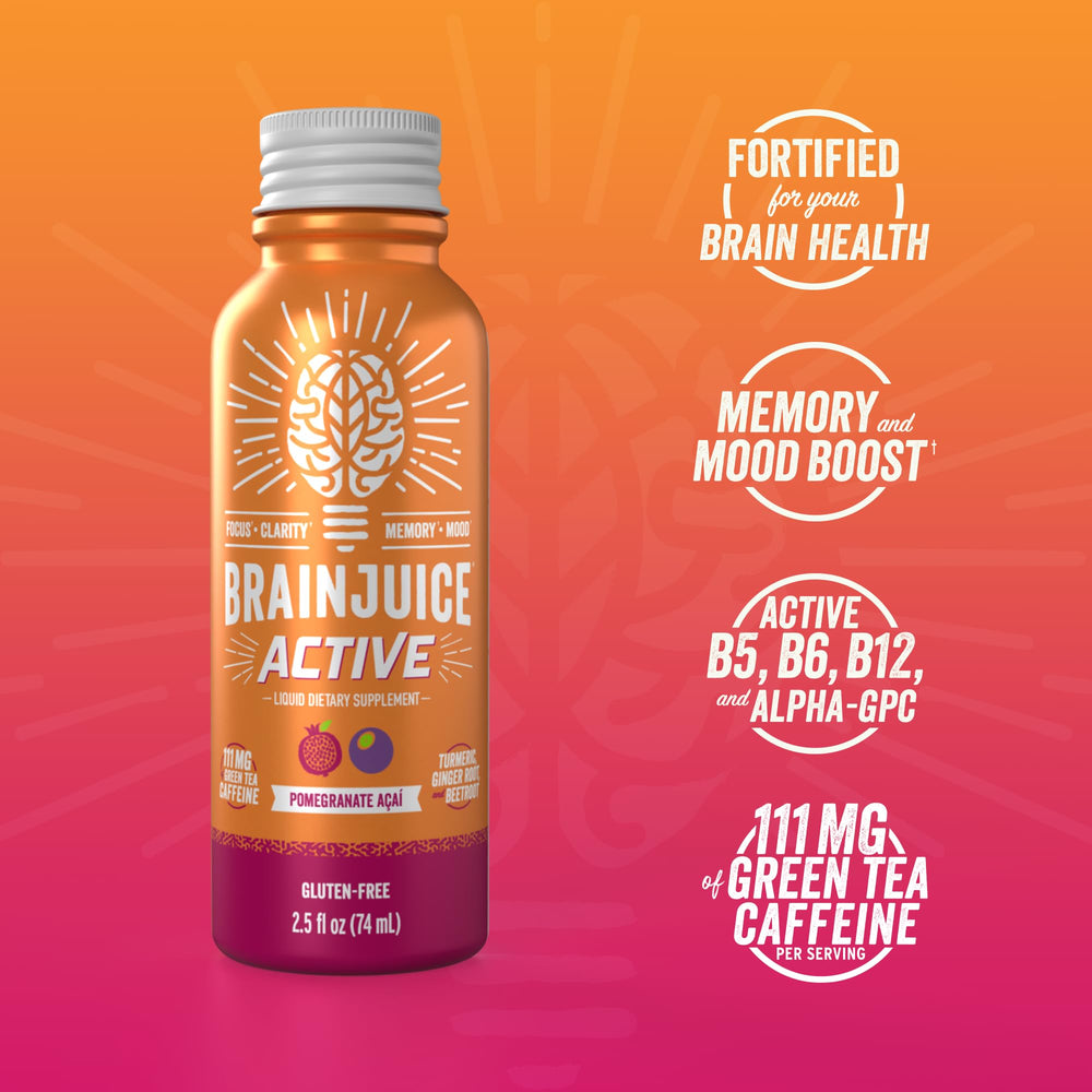 BrainJuice Active box of 12 shots hints at convenient daily performance support.