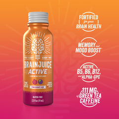 BrainJuice Active box of 12 shots hints at convenient daily performance support.