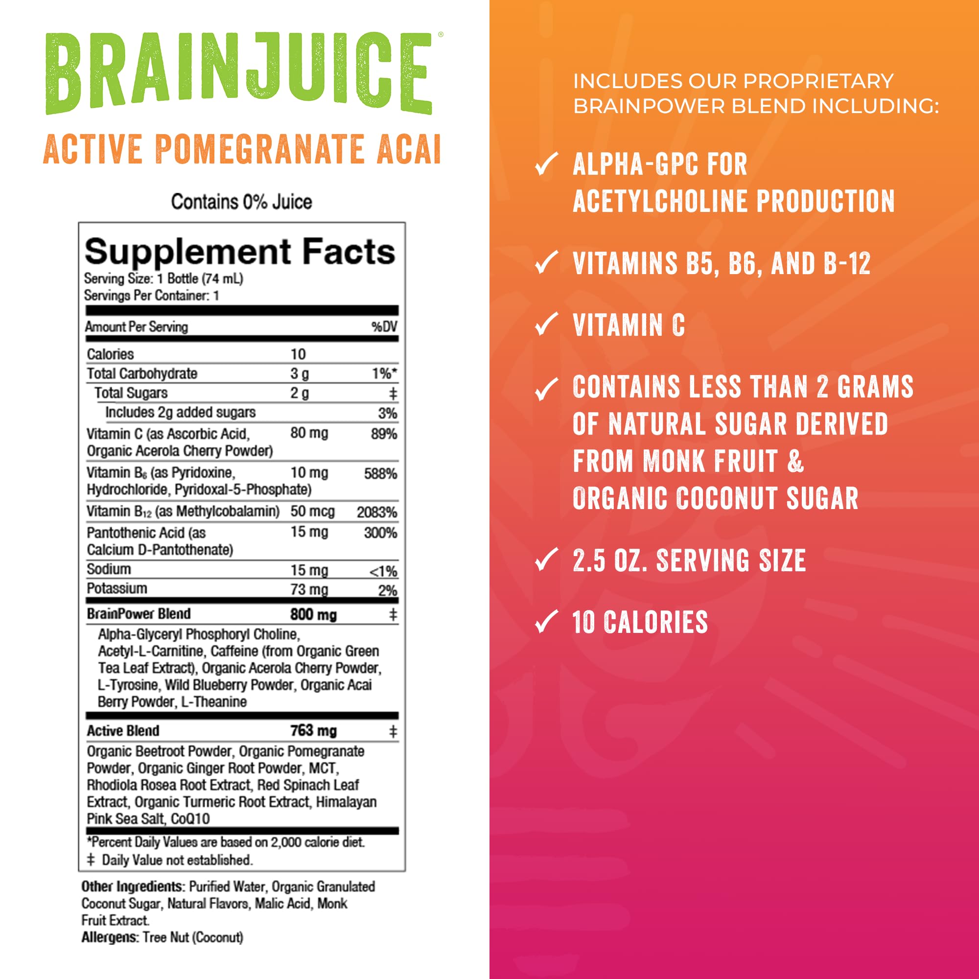BrainJuice Active ingredients blend highlights Alpha GPC and B vitamins for focus.