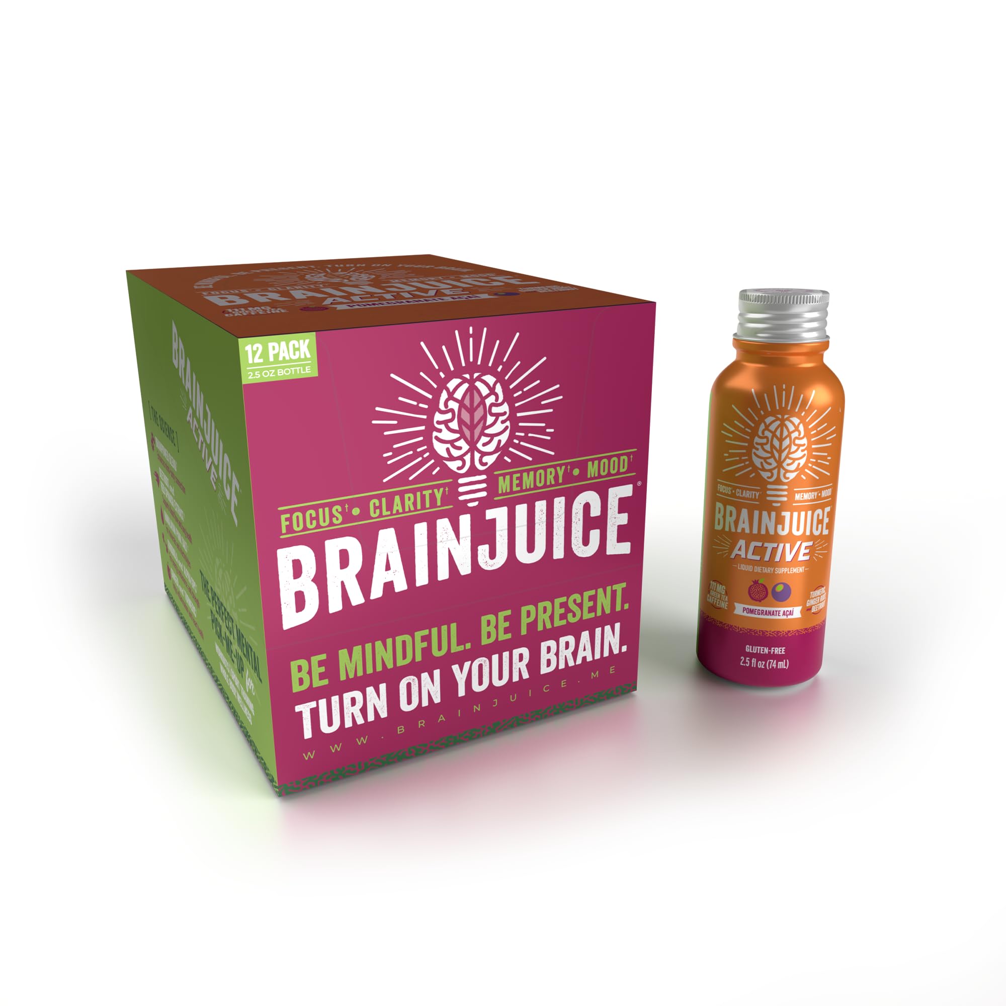 BrainJuice Active pour shot illustrates quick intake for workouts and study.