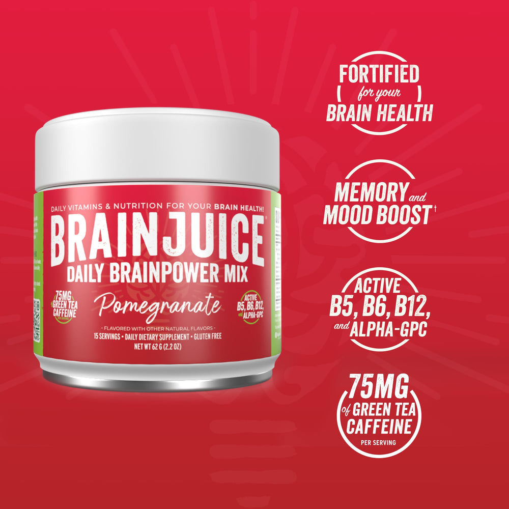 BrainJuice bottle with ingredients label emphasizing quality for focus.