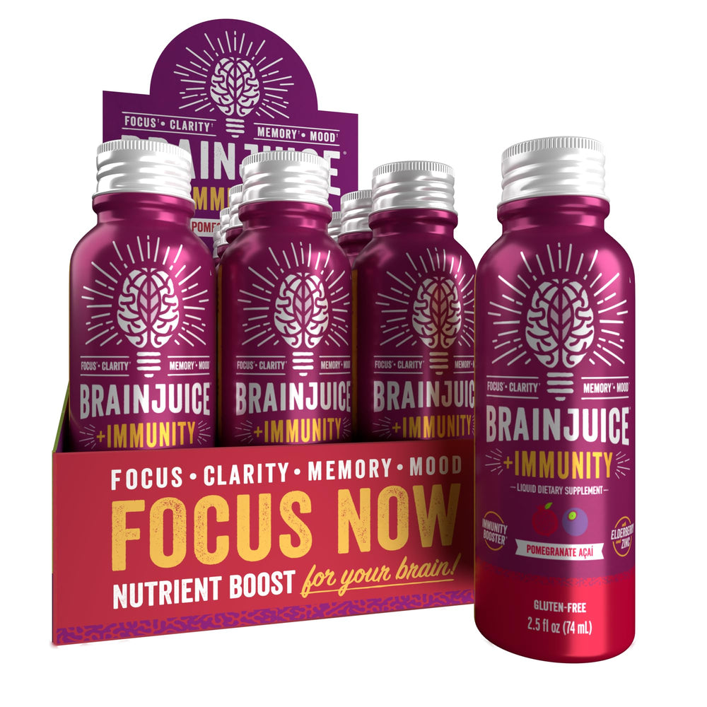 BrainJuice Immunity Shot bottle-front promotes convenient daily brain and immune support.