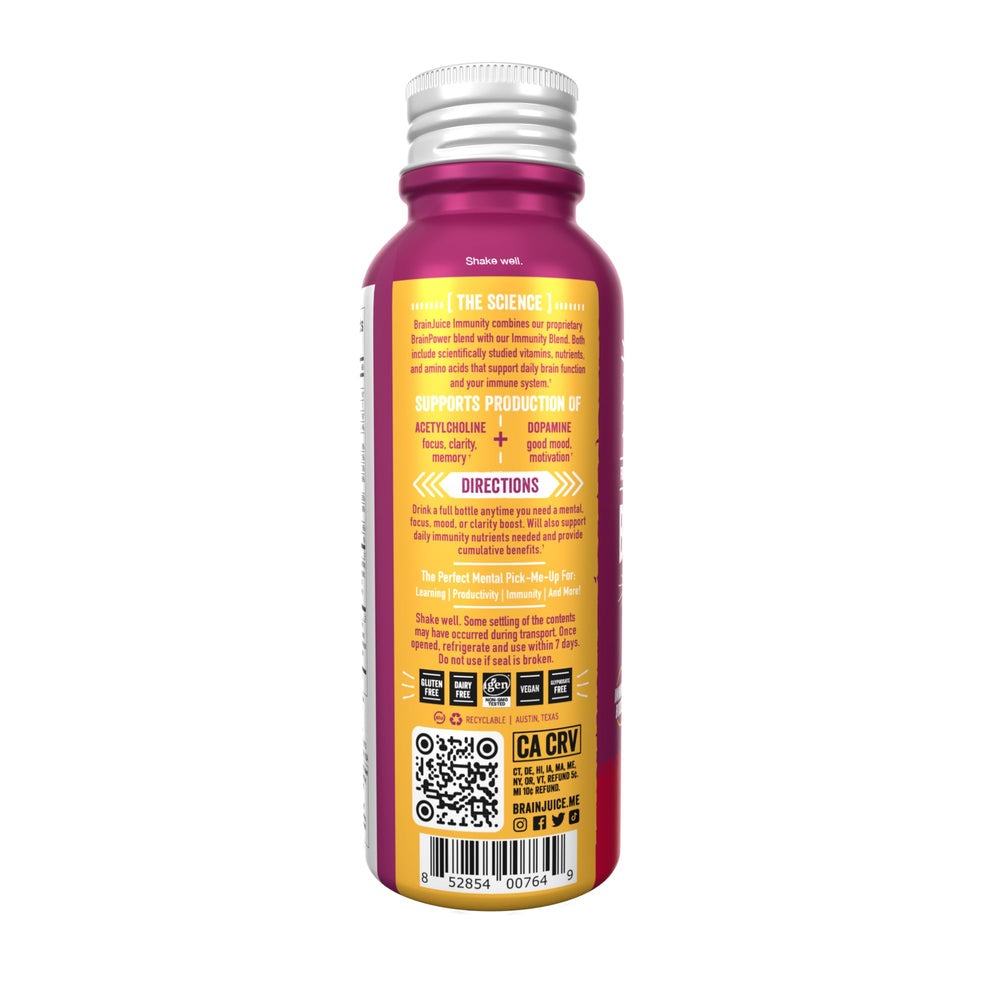 BrainJuice Immunity Shot flavor-pomegranate-acai suggests natural sweetness and daily use.