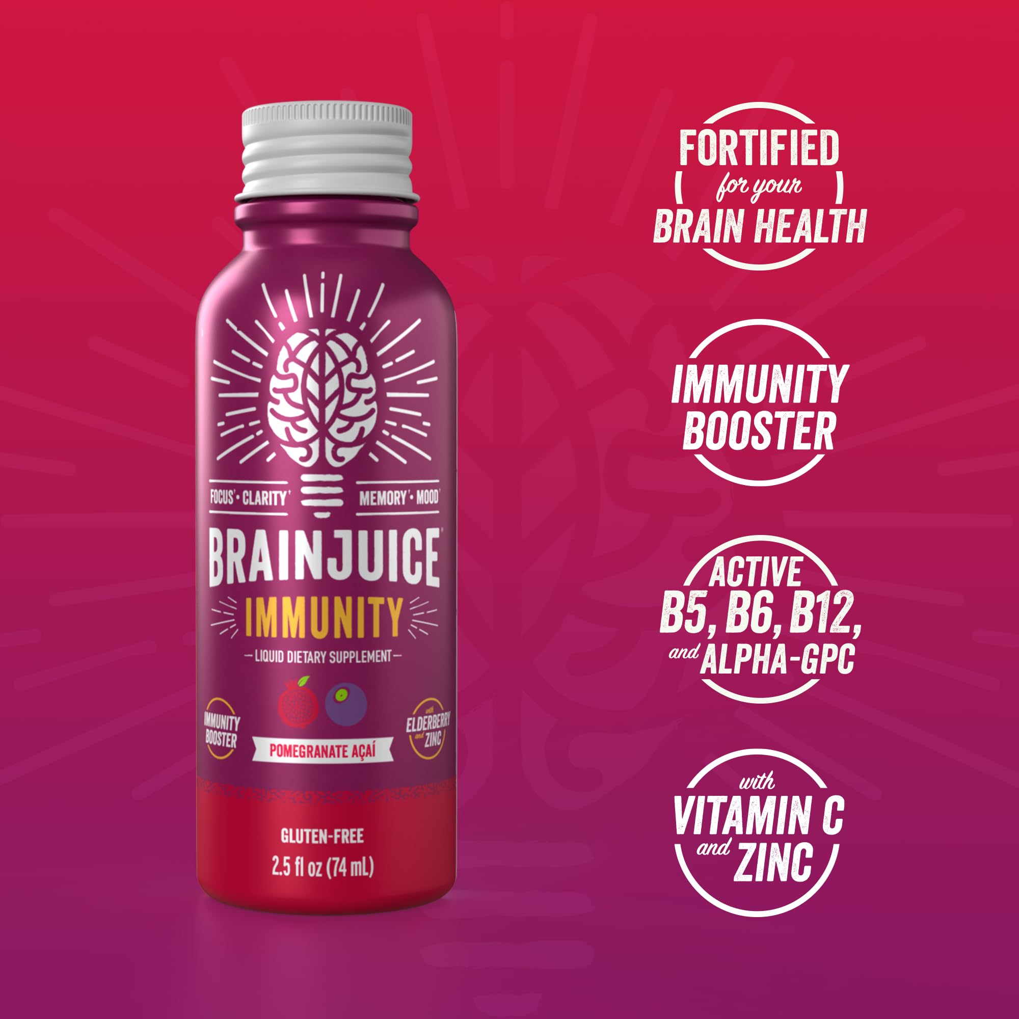 BrainJuice Immunity Shot glass captures portable wellness for on-the-go routines.