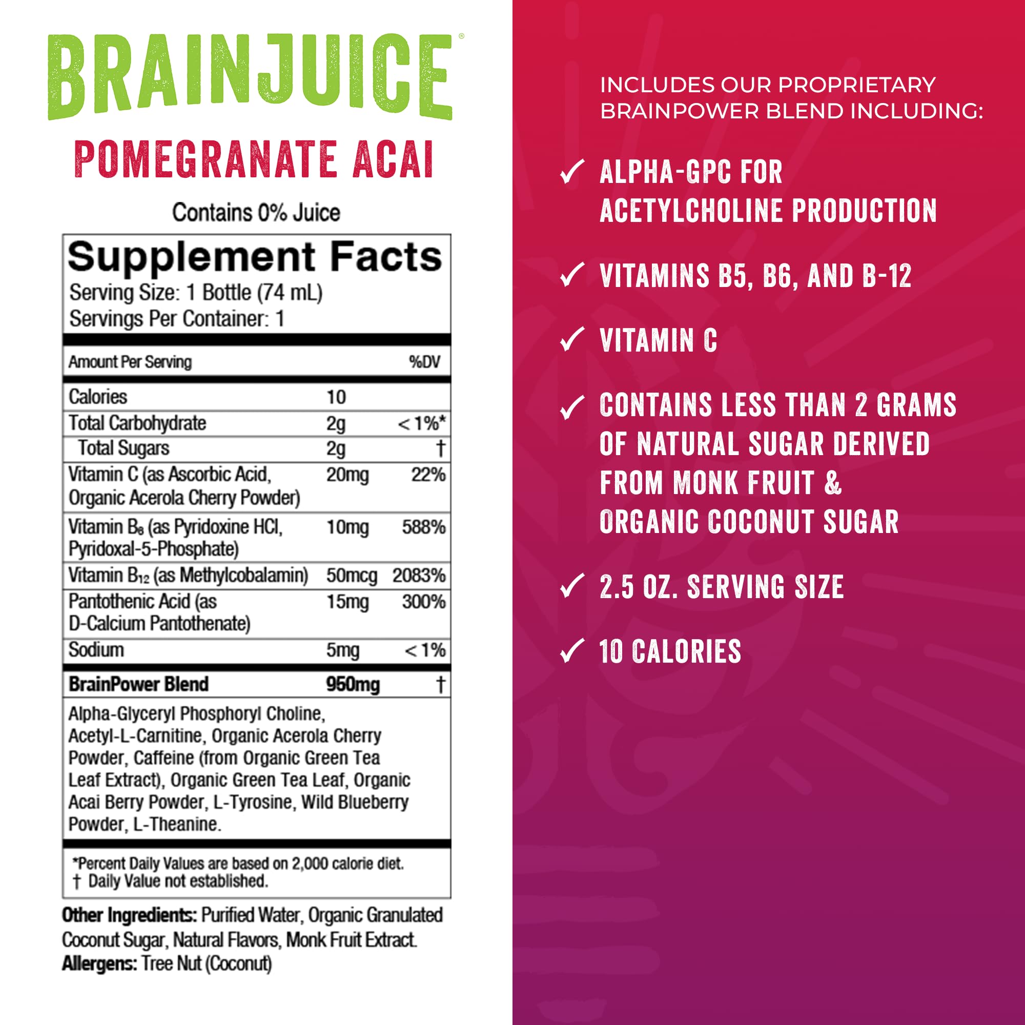 BrainJuice Immunity Shot label-closeup highlights gluten-free, vegan ingredients.
