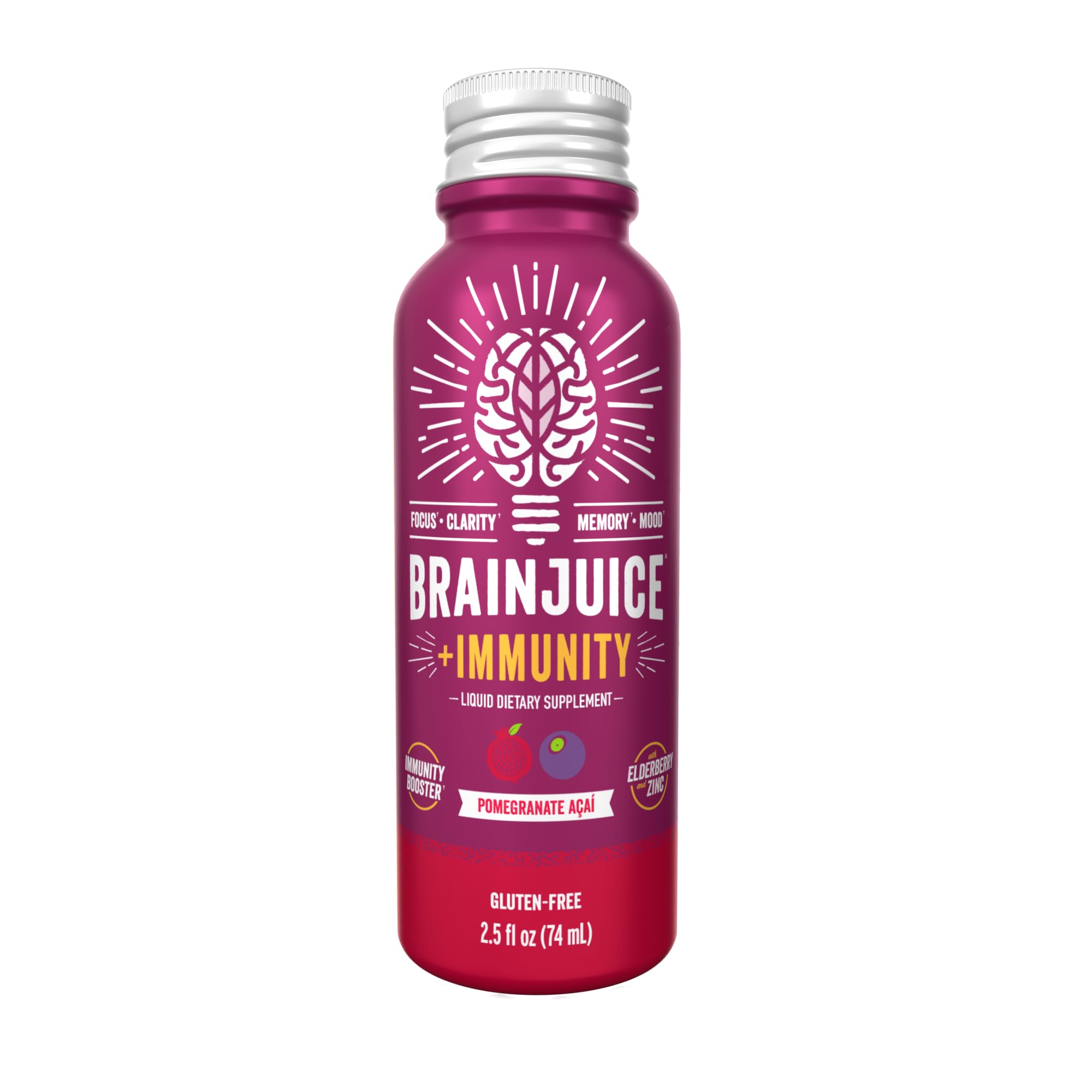 BrainJuice Immunity Shot recyclable-aluminum design conveys responsible packaging.