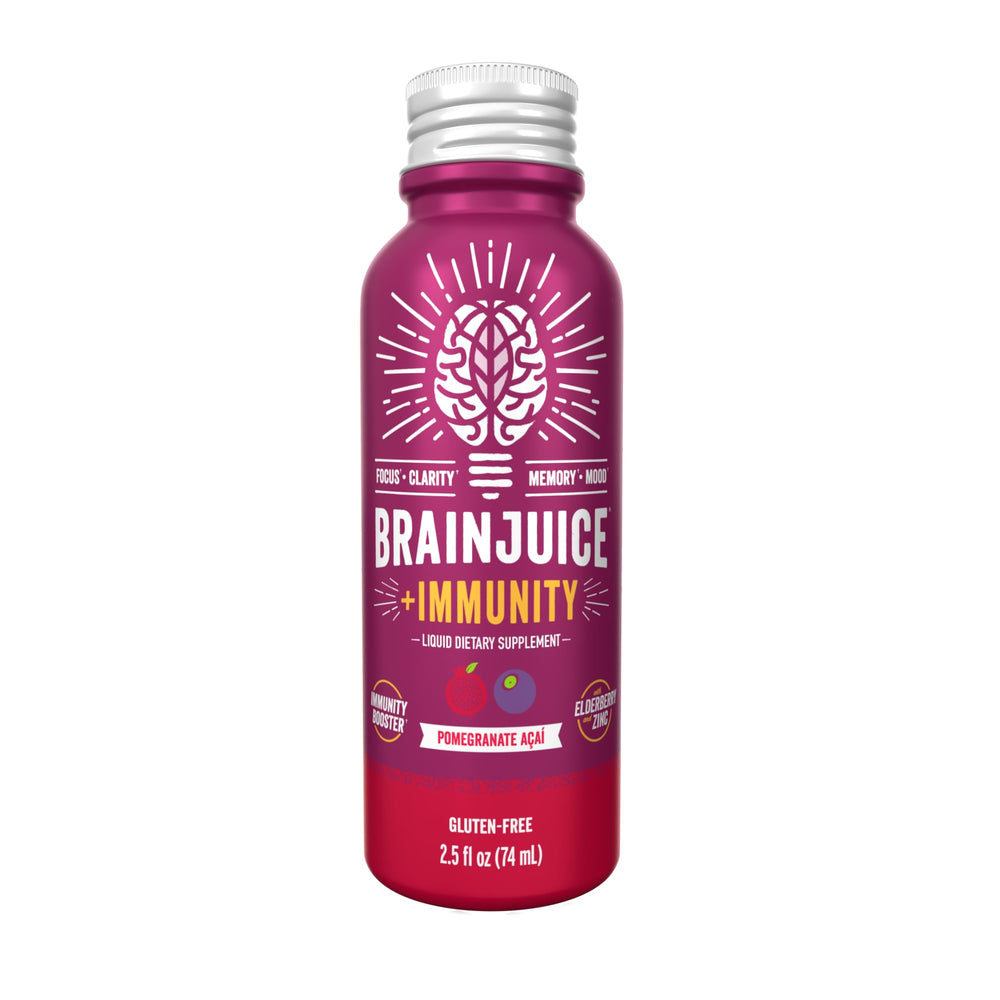 BrainJuice Immunity Shot recyclable-aluminum design conveys responsible packaging.